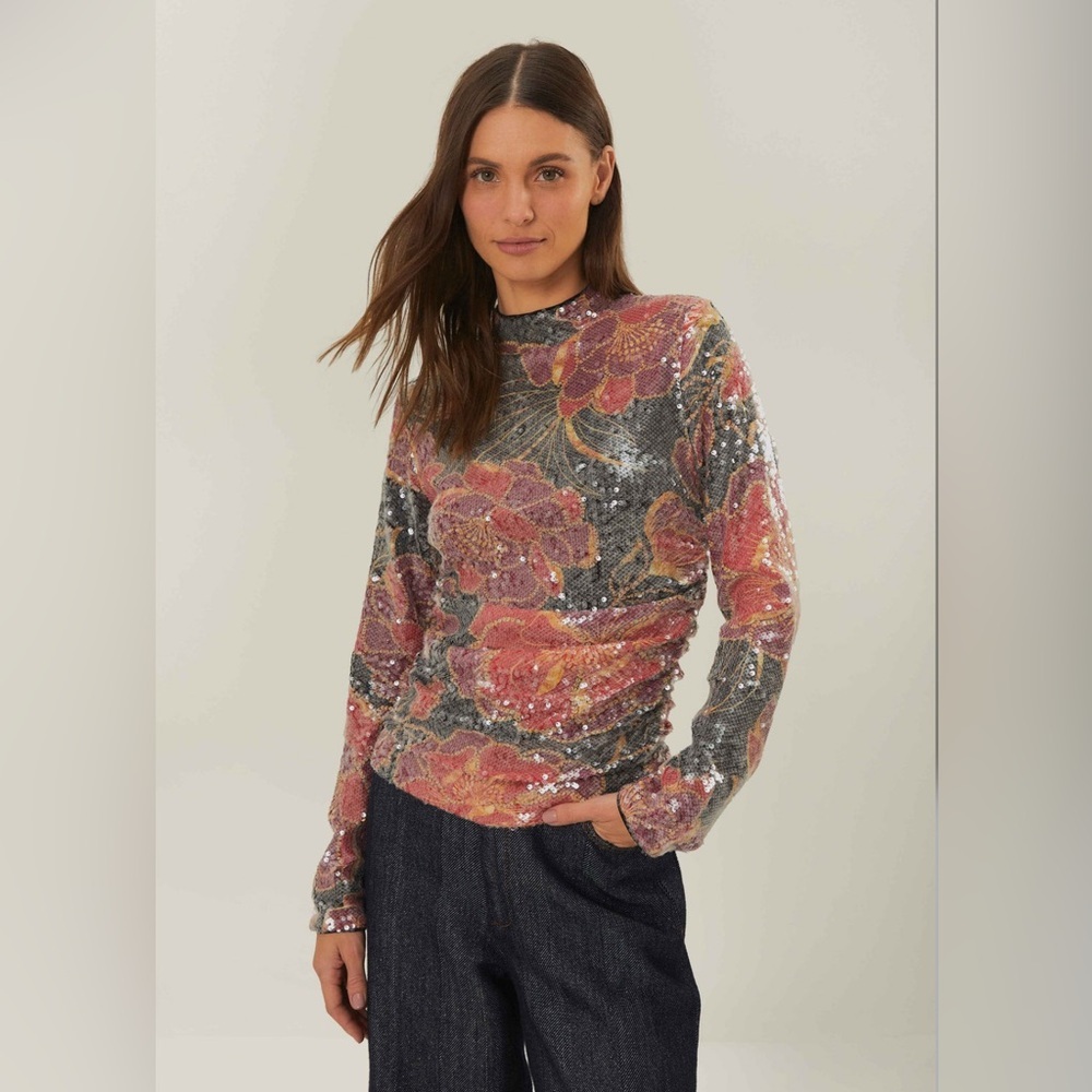 Farm Rio Black Shiny Chita Tulle Sequins Blouse